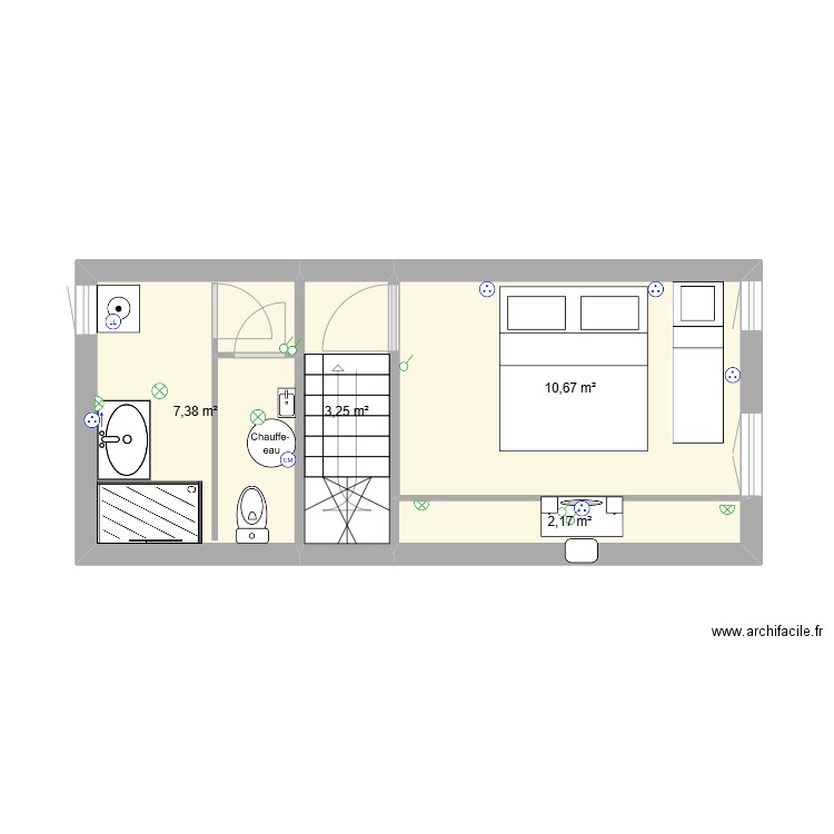1er etage chambre 1 et salle de bain. Plan de 4 pièces et 23 m2