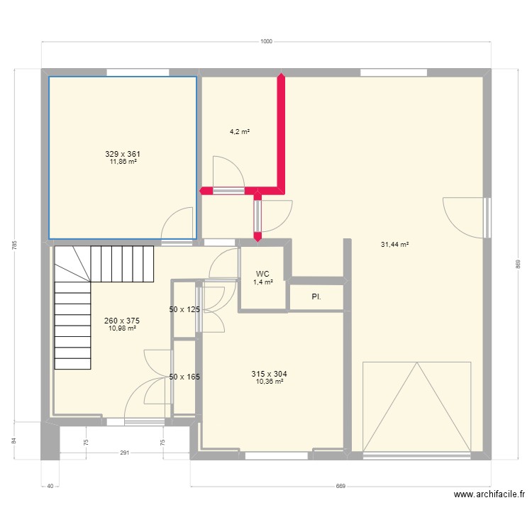 RDC. Plan de 12 pièces et 74 m2