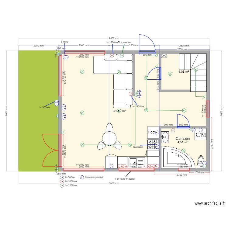  75 . Plan de 9 pièces et 90 m2