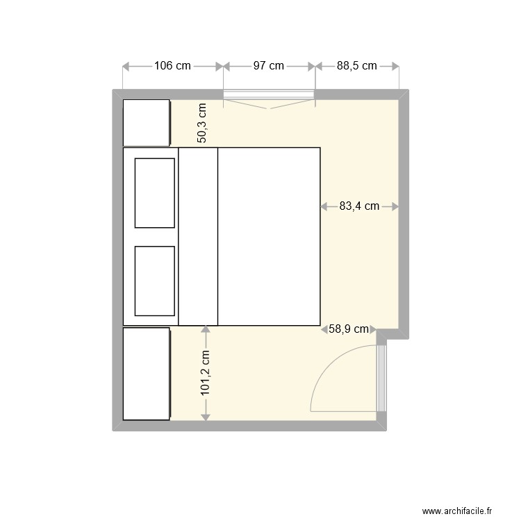 Chambre sud aménagement Parents. Plan de 1 pièce et 10 m2