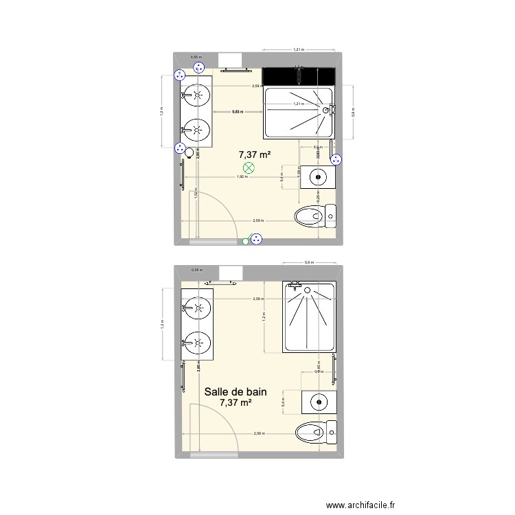 SDB. Plan de 2 pièces et 15 m2