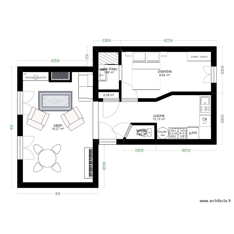 plan. Plan de 6 pièces et 42 m2