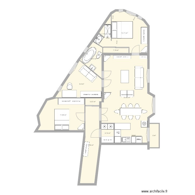 tolbiac 13eme  modifié sdb ouverte sur chambre et dressing. Plan de 0 pièce et 0 m2