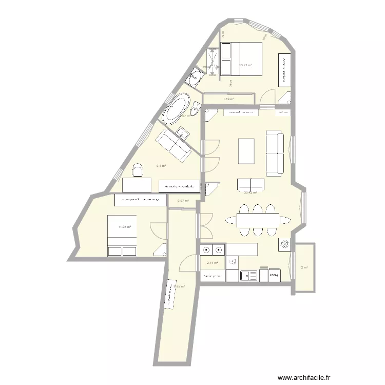 tolbiac 13eme  modifi&eacute; sdb ouverte sur chambre et dressing. Plan de 