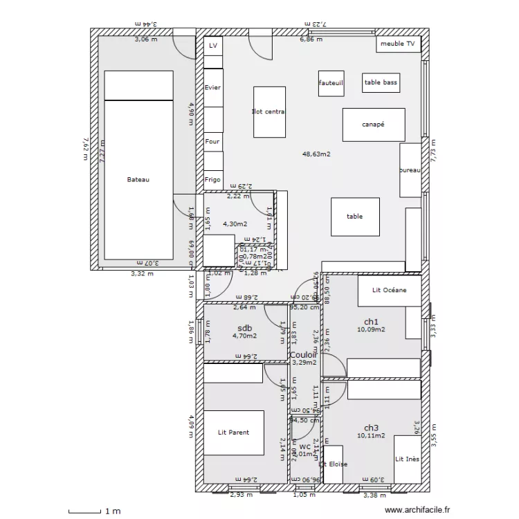 maison 9/4 meubl&eacute;e. Plan de 