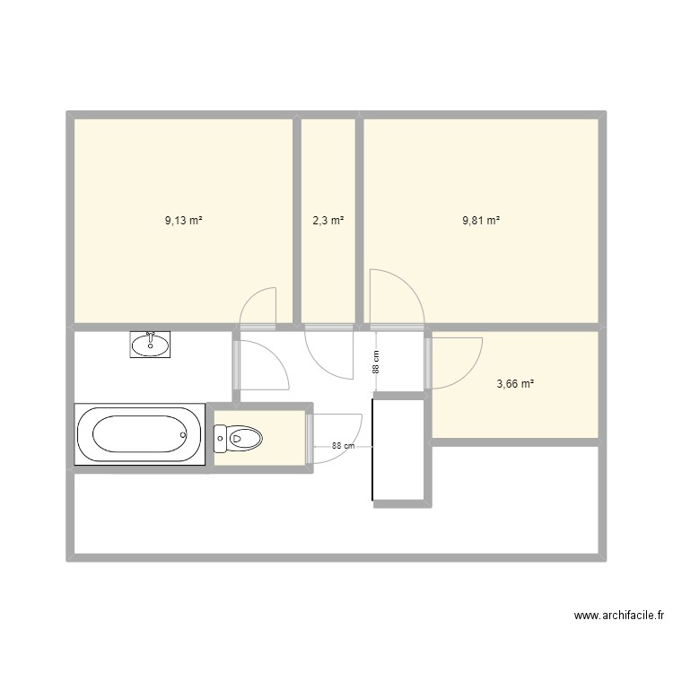 Bonneaux SDB existant. Plan de 5 pièces et 26 m2