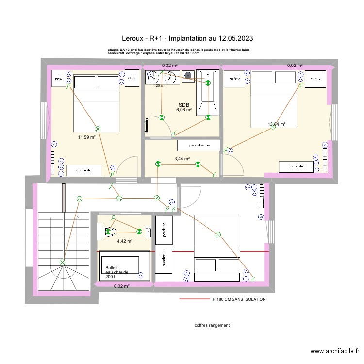 Option 3 LEROUX LA BAULE R+1 Electricite plomberie 21.05.2023. Plan de 8 pièces et 39 m2