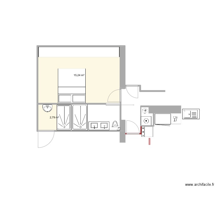 Salle de bain chambre. Plan de 2 pièces et 18 m2