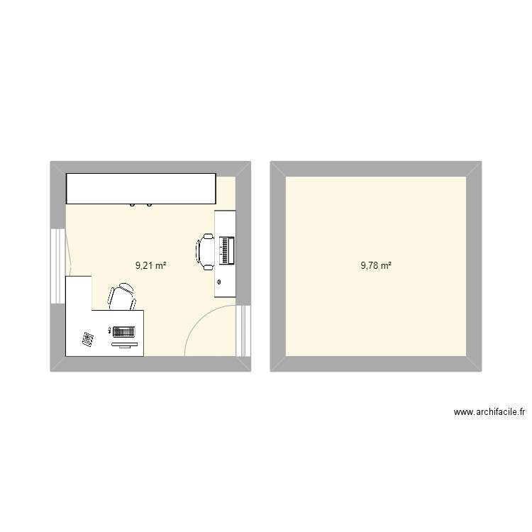 bureau et chambre. Plan de 2 pièces et 19 m2