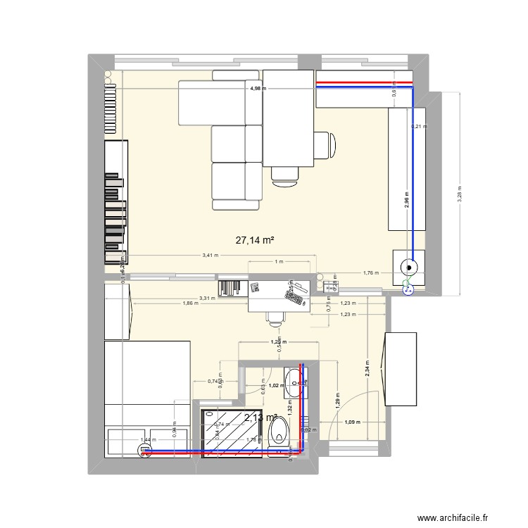 philip august - cloison avec salon. Plan de 2 pièces et 29 m2