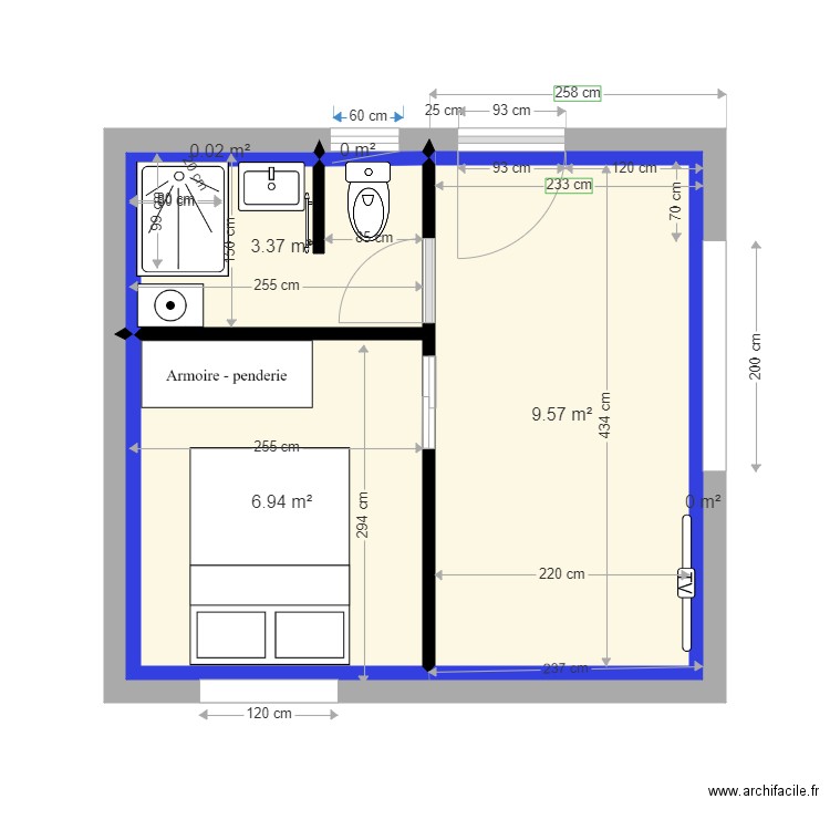 studio 3 cotes. Plan de 6 pièces et 20 m2