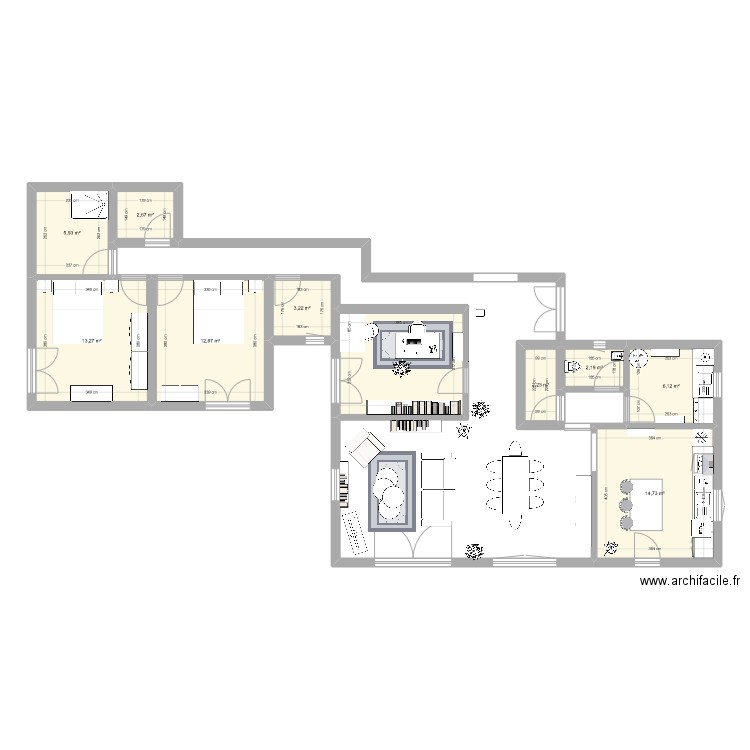 Version 1 - Plain pied. Plan de 10 pièces et 75 m2