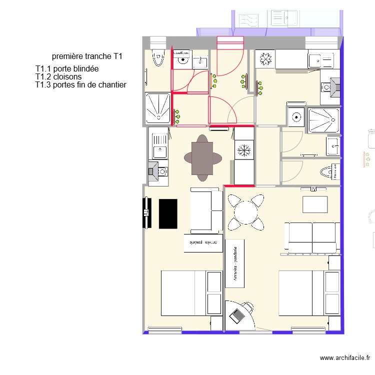 T1 porte et cloison Verdun étage. Plan de 0 pièce et 0 m2