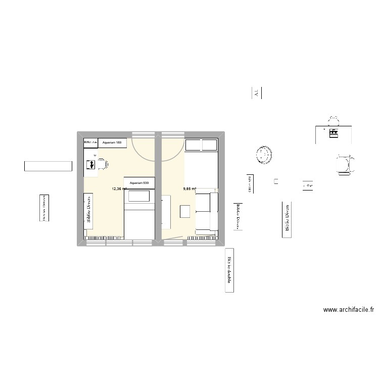 Chambre Idée final. Plan de 2 pièces et 22 m2