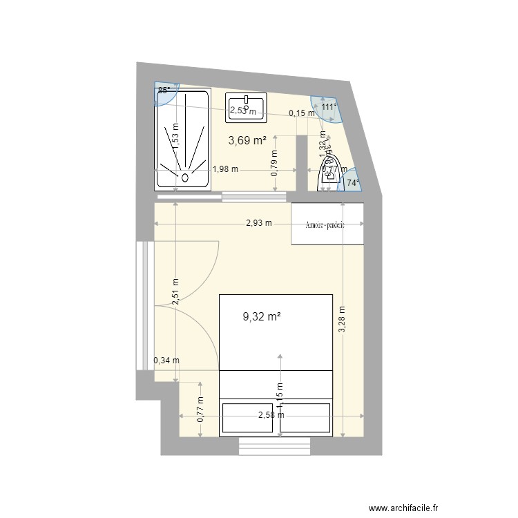 Chambre 6 ré. Plan de 2 pièces et 13 m2