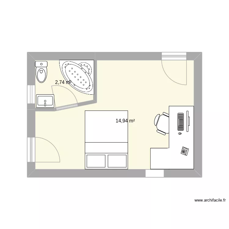 Chambre bureau. Plan de 2  et 18 m²
