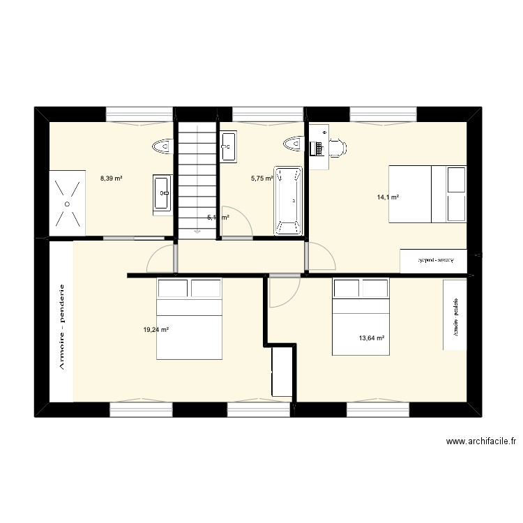 etage sans extension 2. Plan de 6 pièces et 66 m2