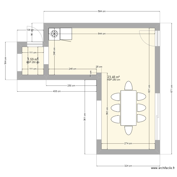 cosina . Plan de 2 pièces et 25 m2