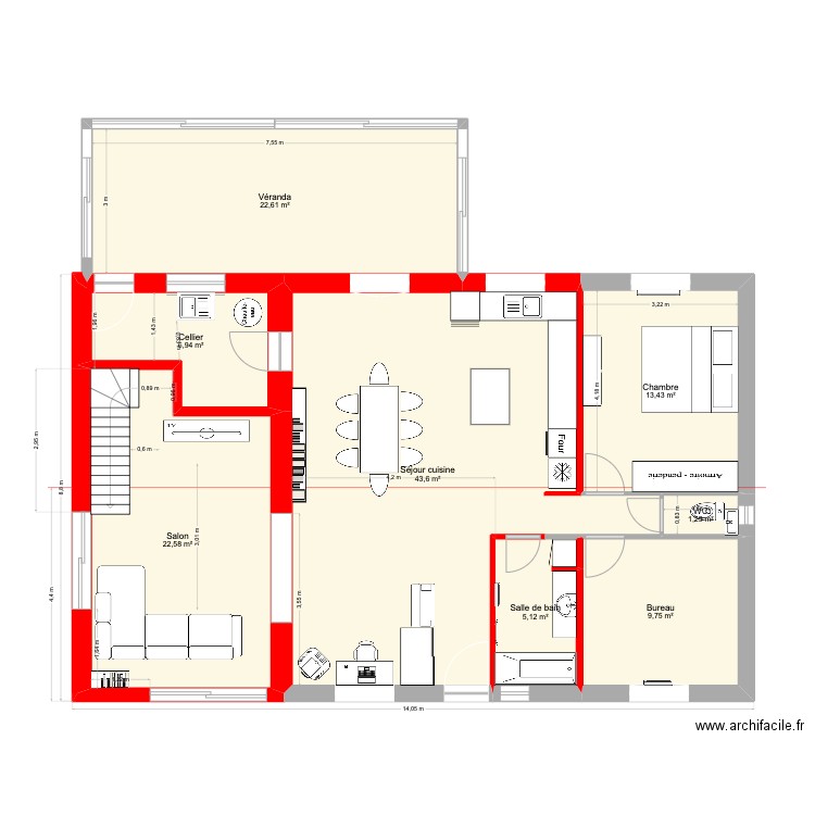 plan base travaux 1 meublé. Plan de 9 pièces et 125 m2