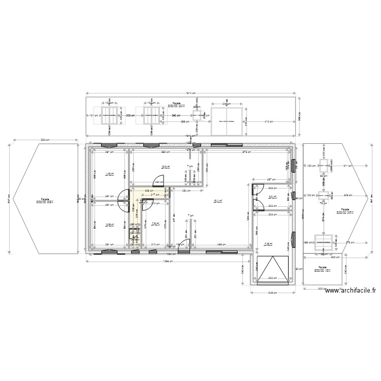 plan 124,77 m2 en L anti-sismique avec façade. Plan de 9 pièces et 125 m2