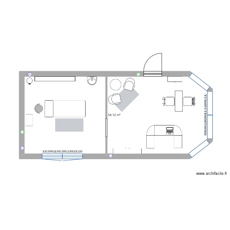 Institut. Plan de 1 pièce et 34 m2