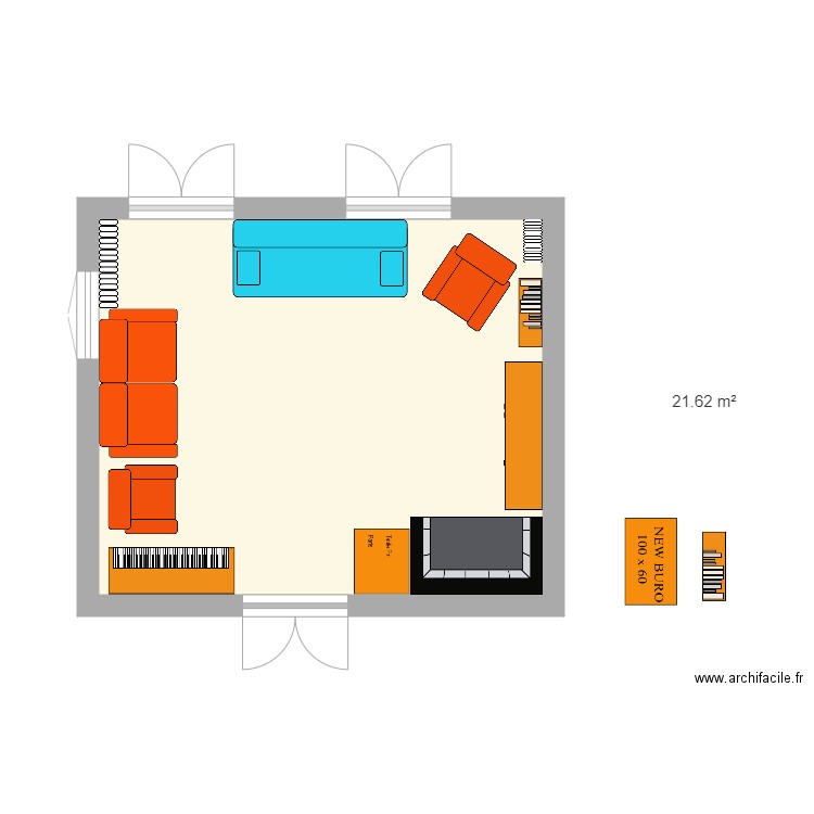 BOURISP RDC Salon avec PIANO V2. Plan de 1 pièce et 22 m2