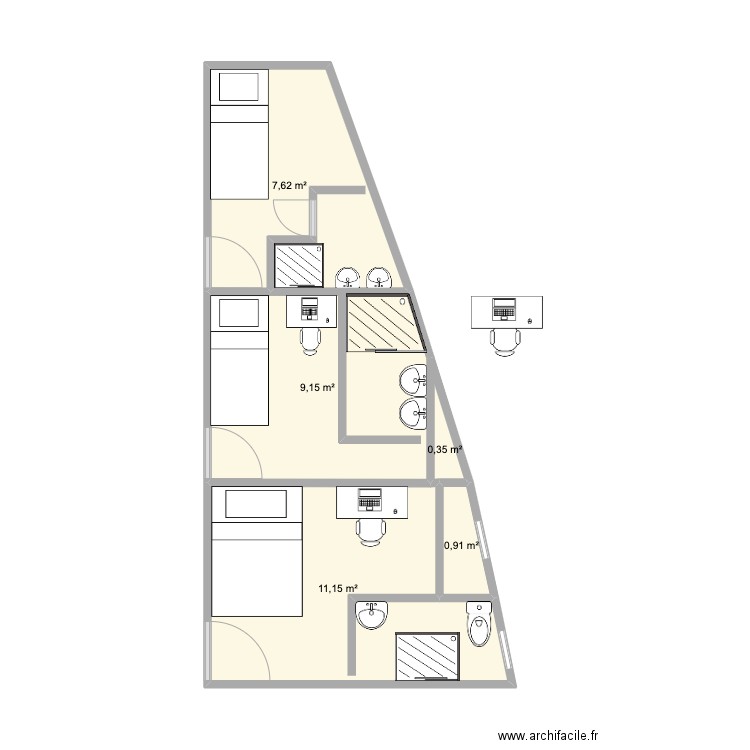 Chambre bas. Plan de 5 pièces et 29 m2