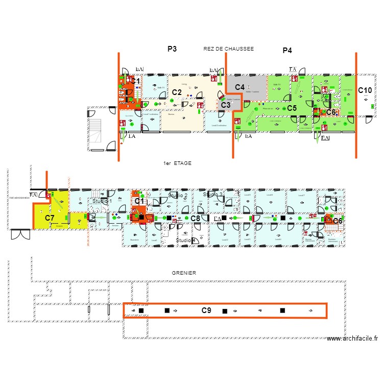 IMP  STUDIO  LEERS DETECTION INCENDIE. Plan de 64 pièces et 701 m2