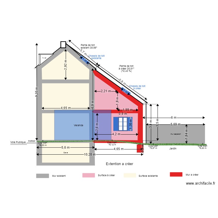 Projet en coupe projet. Plan de 6 pièces et 61 m2