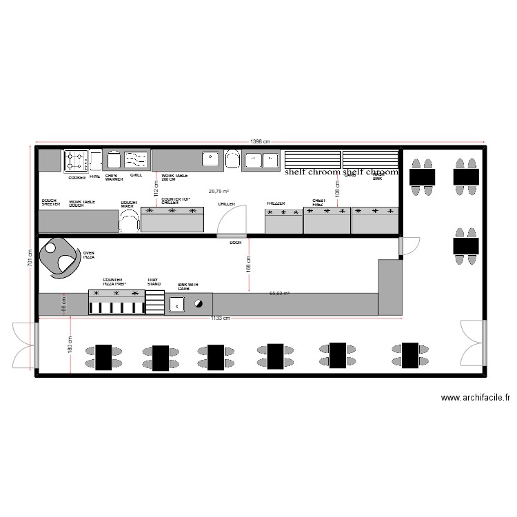 PIZZA SHOP. Plan de 2 pièces et 95 m2