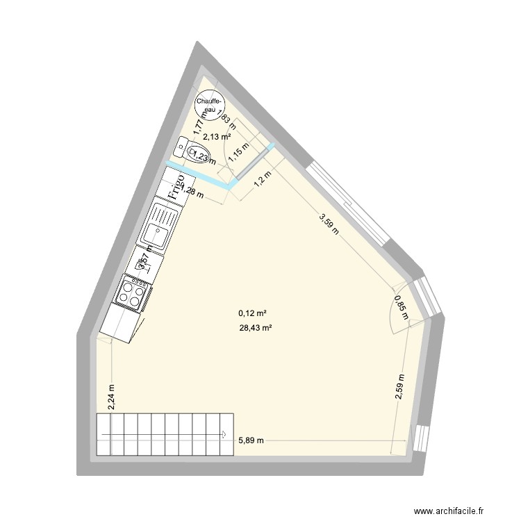 RDC petite loc plomberie. Plan de 3 pièces et 64 m2