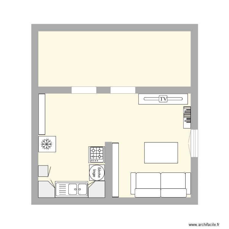 cuisine salon n. Plan de 2 pièces et 31 m2