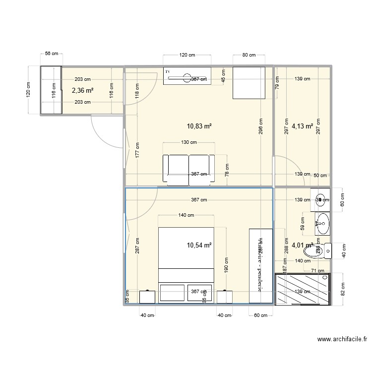 plan avec porte chambre actuelle. Plan de 5 pièces et 32 m2