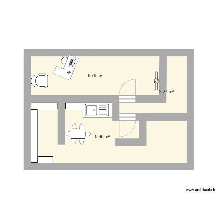 salle contacto. Plan de 3 pièces et 19 m2