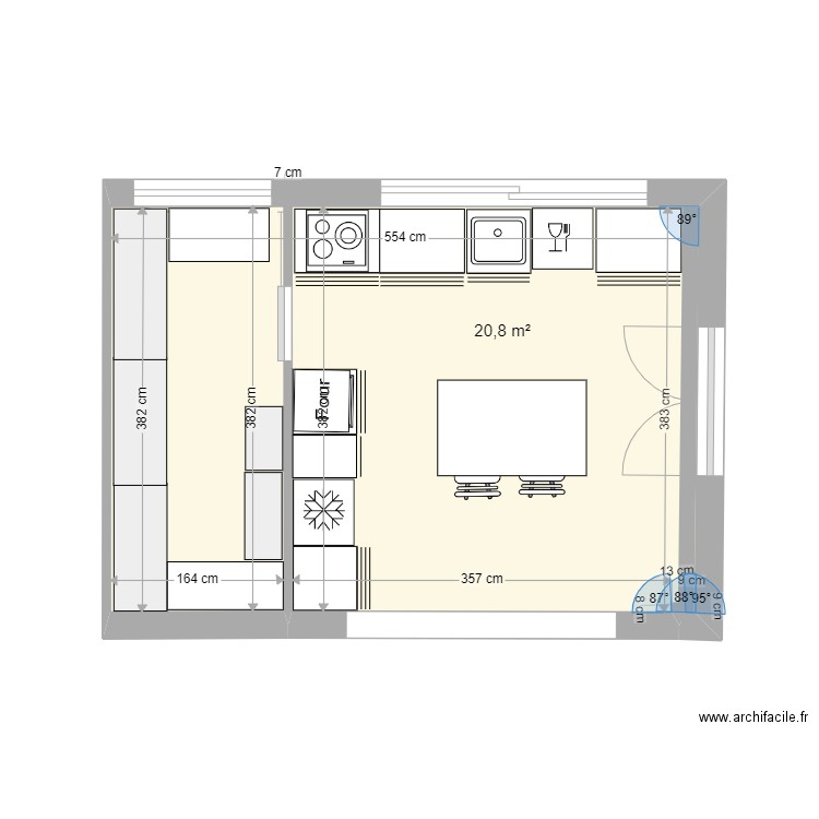 cuisine. Plan de 1 pièce et 21 m2