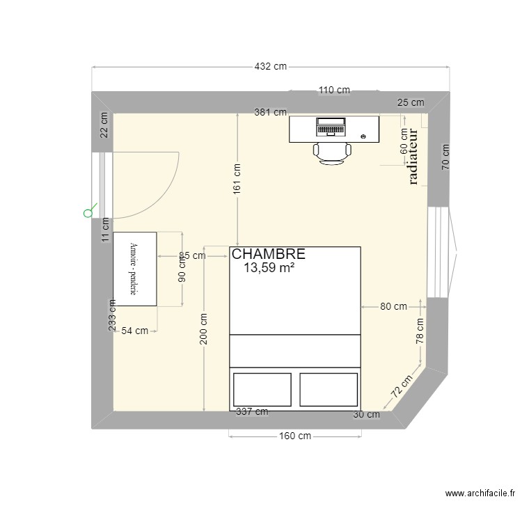 chambre 1 avec canapé lit version 7 1020. Plan de 1 pièce et 14 m2