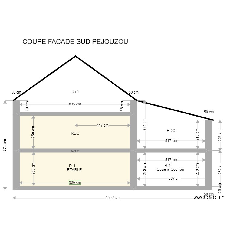 COUPE FACADE SUD PEJOUZOU. Plan de 1 pièce et 43 m2