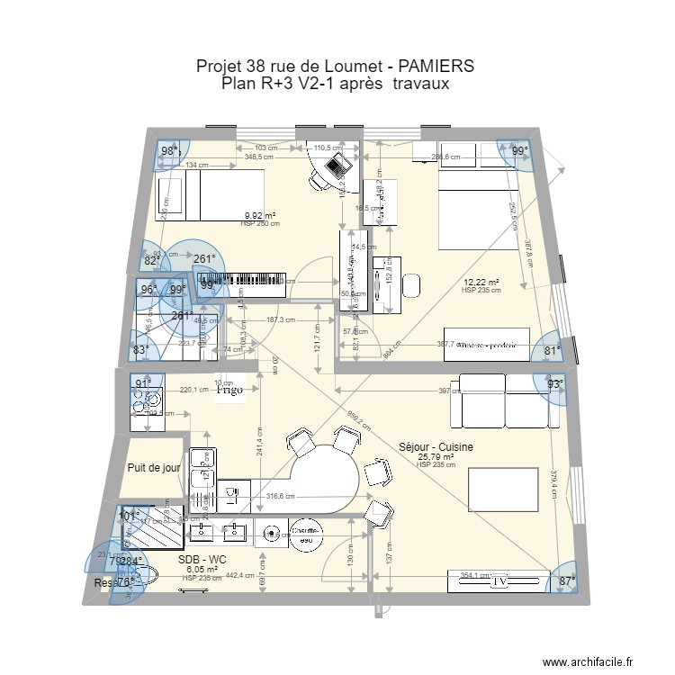 PAMIERS3 R+3 V2-1 après travaux. Plan de 6 pièces et 55 m2