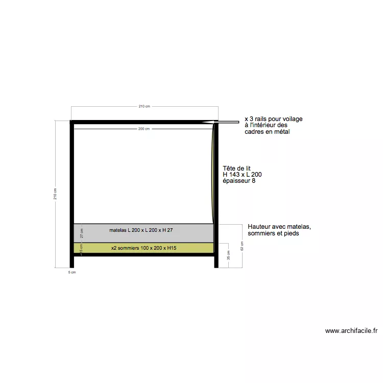 Lit &agrave; baldaquin cot&eacute;. Plan de 
