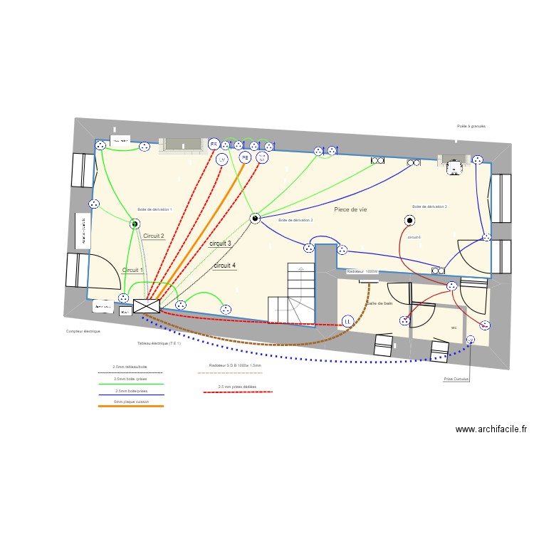 Maison R D C projet Cable prises. Plan de 3 pièces et 59 m2