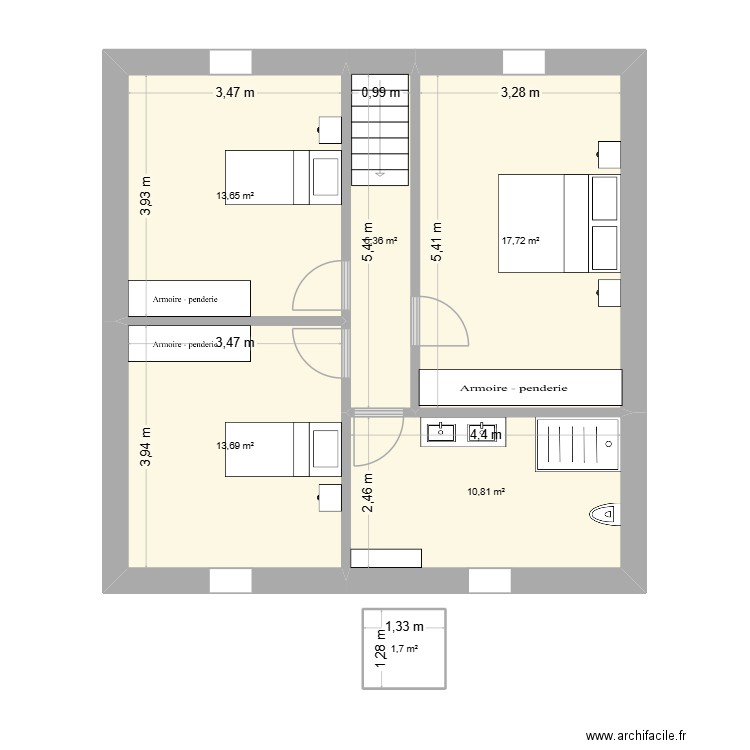 2ème étage actuel. Plan de 6 pièces et 63 m2