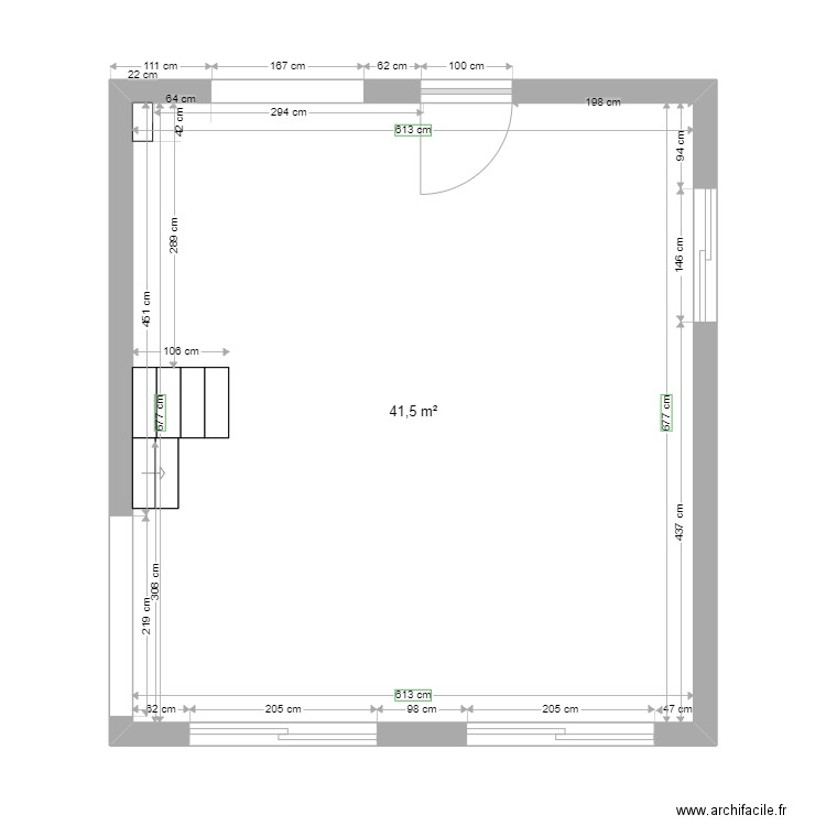 St PAUL Séjour cuisine existant. Plan de 1 pièce et 42 m2