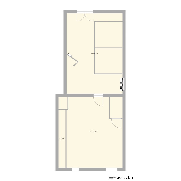 RDC 1JP. Plan de 3 pièces et 66 m2