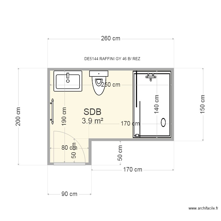 RAFFINI SDB Cotations. Plan de 1 pièce et 4 m2
