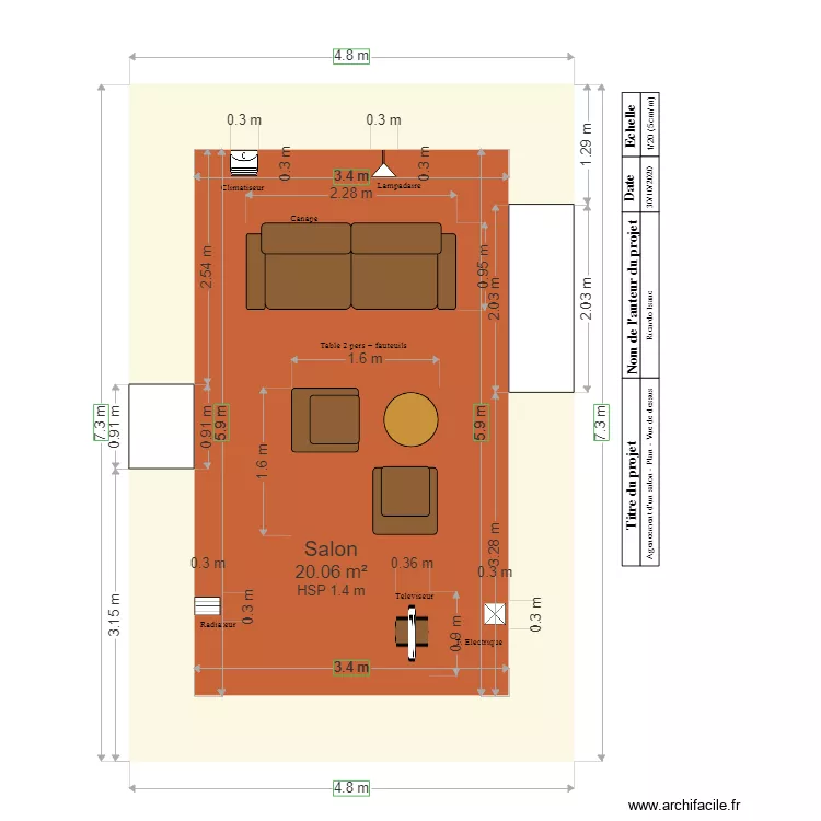 Agencement salon plan vue en perspective final. Plan de 