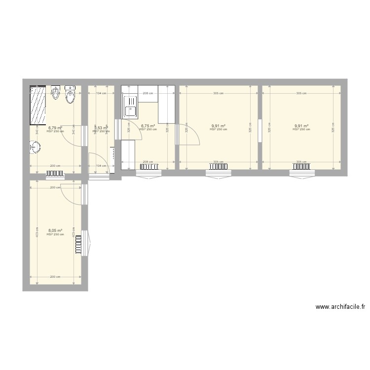 de la taille avant. Plan de 6 pièces et 45 m2