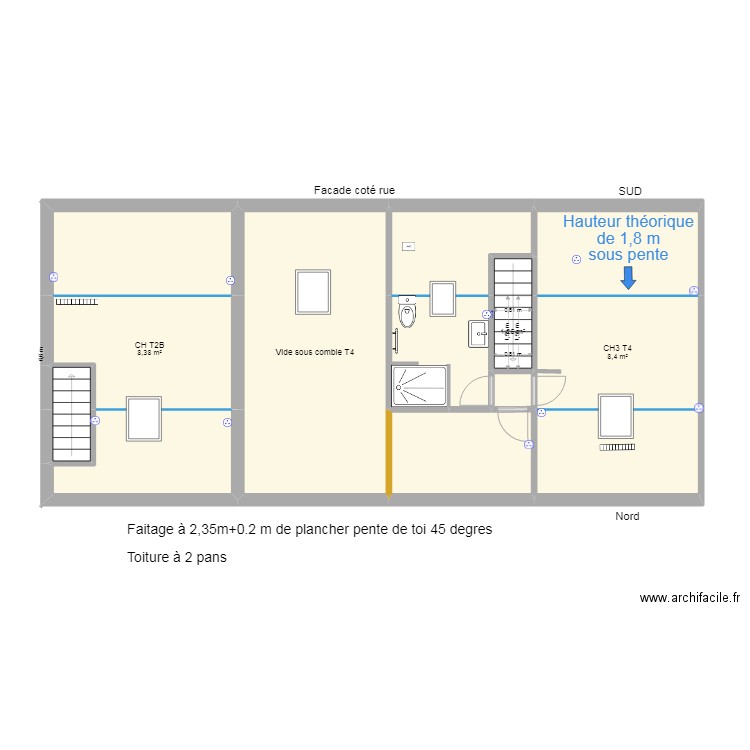 2eme REBAIS aménagé. Plan de 14 pièces et 79 m2