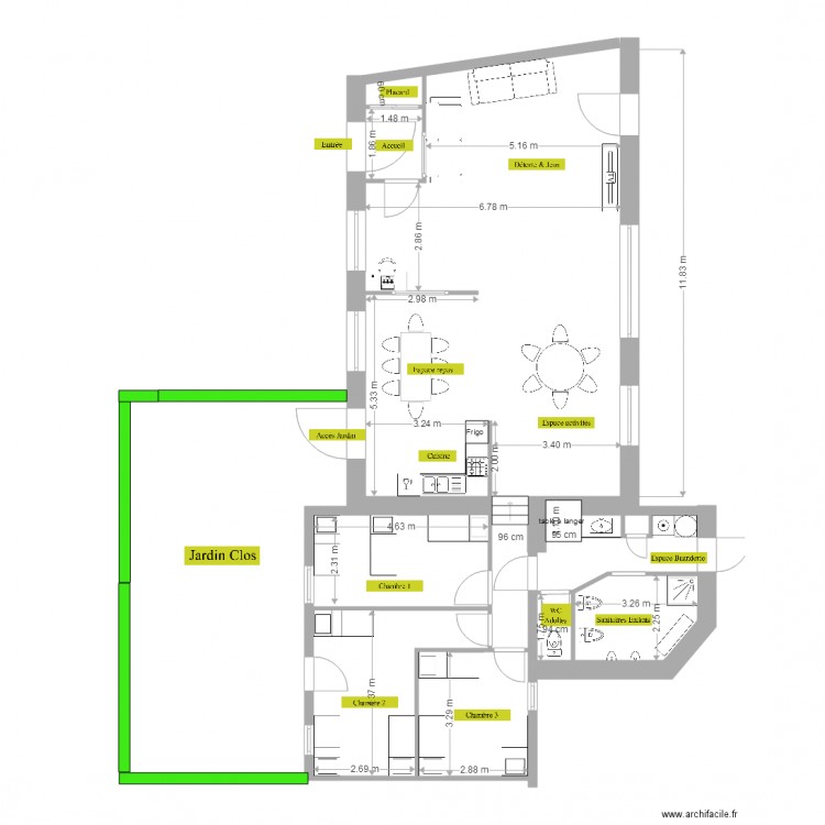 MAN projet 1 aménagé avec Cotation. Plan de 0 pièce et 0 m2