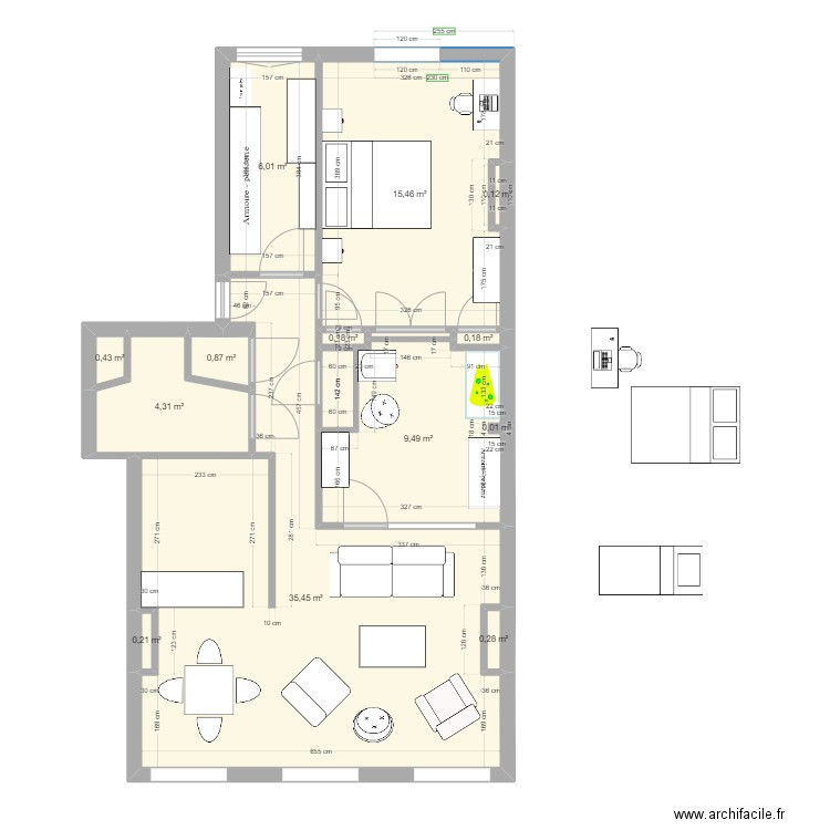 Bugeaud. Plan de 15 pièces et 74 m2