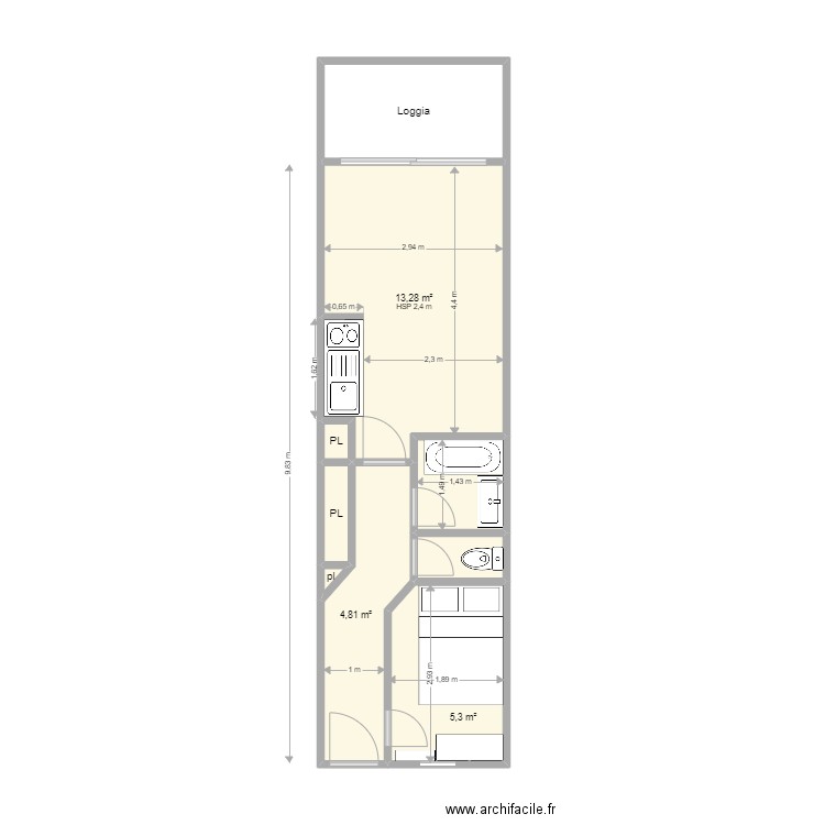 2 Pièces Cap ESTEREL . Plan de 9 pièces et 32 m2